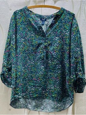 Chaps Teal Paisley Floral Henley Blouse